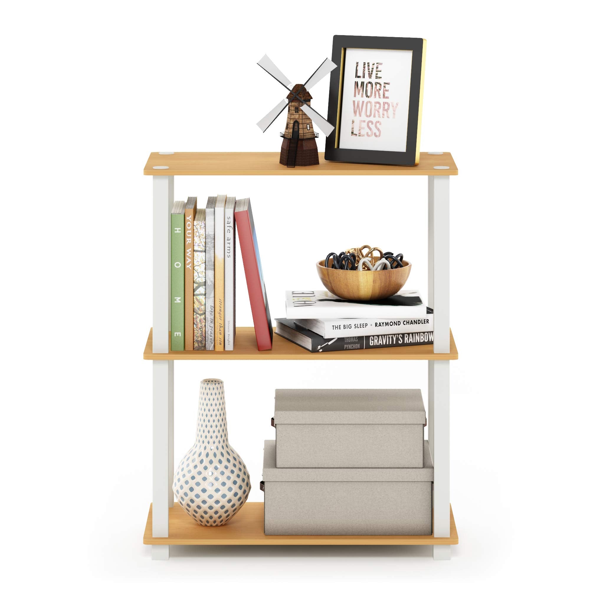 Furinno TURN-N-TUBE Storage Shelves, 3-Tier Book Shelf, Corner Shelf, Toolless Open Shelves, for Organization and Storage, Living Room, Garage, Home Office, Beech