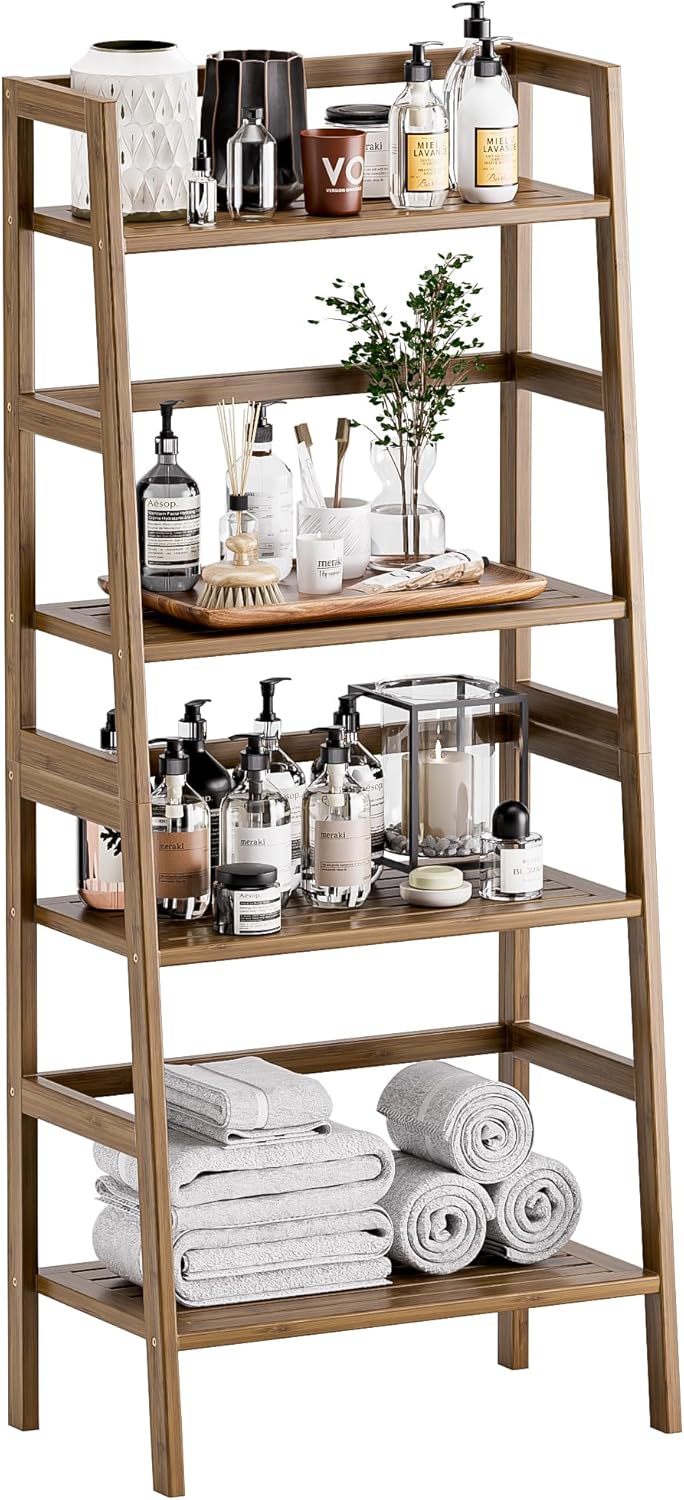 HITNET Ladder Shelf Walnut, Bamboo Bookshelf, 4 Tier Open Dipslay Bookcase Freestanding Storage Rack for Home Office, Small Balcony Flower Plant Stand