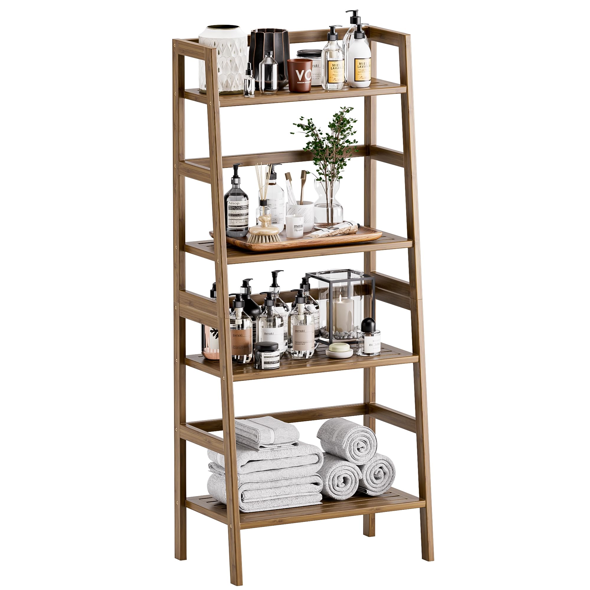 HITNET Ladder Shelf Walnut, Bamboo Bookshelf, 4 Tier Open Dipslay Bookcase Freestanding Storage Rack for Home Office, Small Balcony Flower Plant Stand
