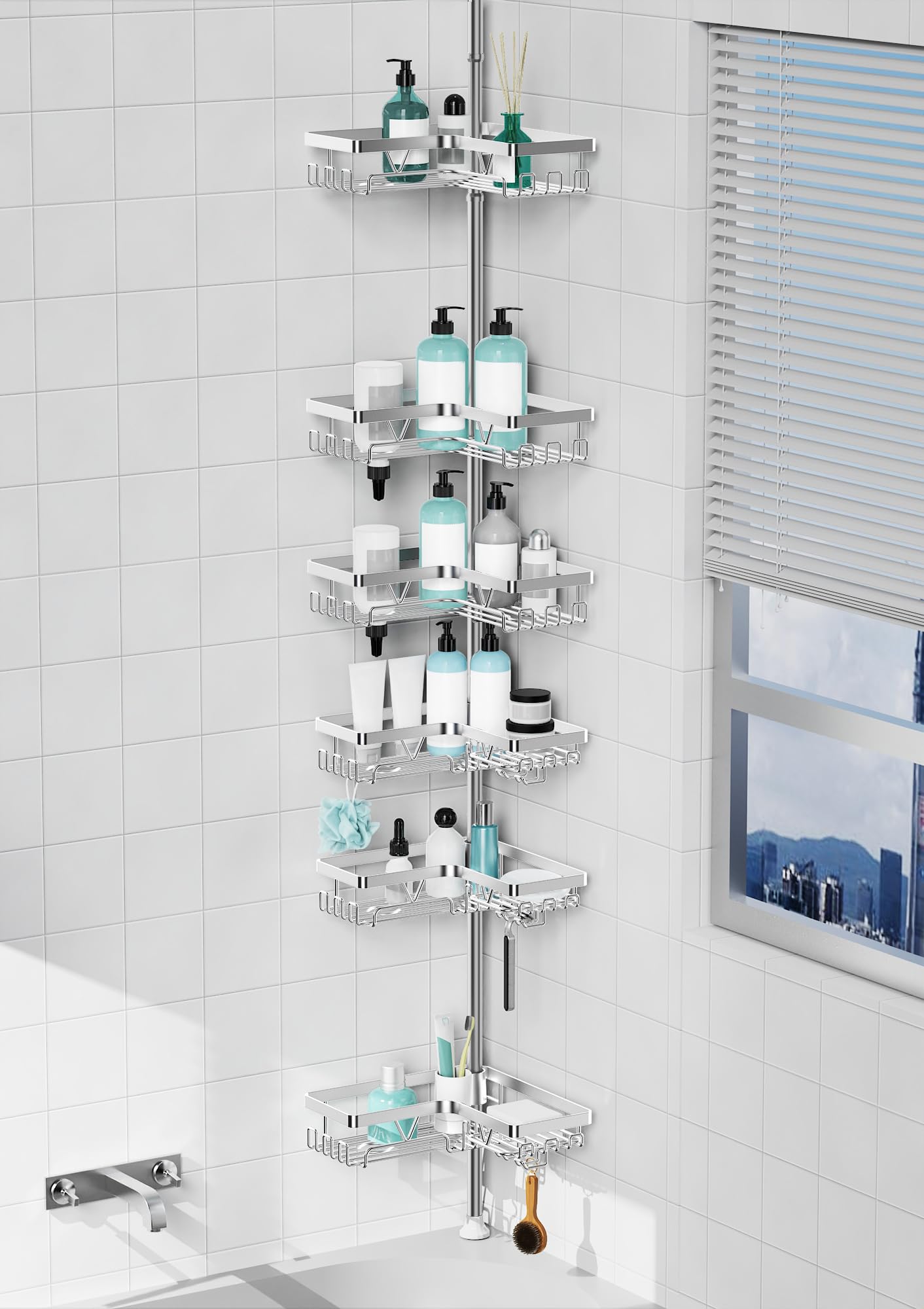 Kegii Telescopic Shower Caddy, 6 Tiers Corner Shower Shelf Adjustable Bathroom Storage Organiser Extendable Corner Bathroom Caddy, Black, No Drilling, Stainless Steel