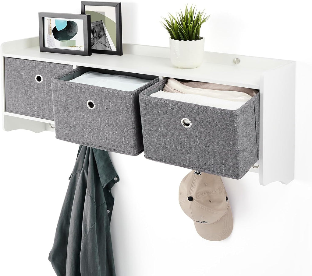 Mondeer Coat Rack with Shelf, Storage Unit Wall Mounted with 3 Baskets 5 Hooks Wooden Modern Style for Hallway Entryway Living Room, W98 x H40 x D22 cm, White