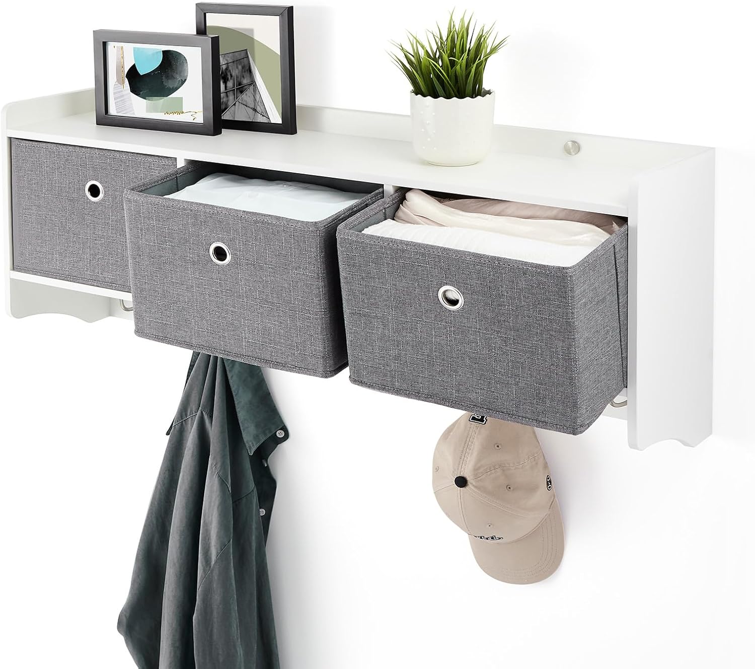 Mondeer Coat Rack with Shelf, Storage Unit Wall Mounted with 3 Baskets 5 Hooks Wooden Modern Style for Hallway Entryway Living Room, W98 x H40 x D22 cm, White