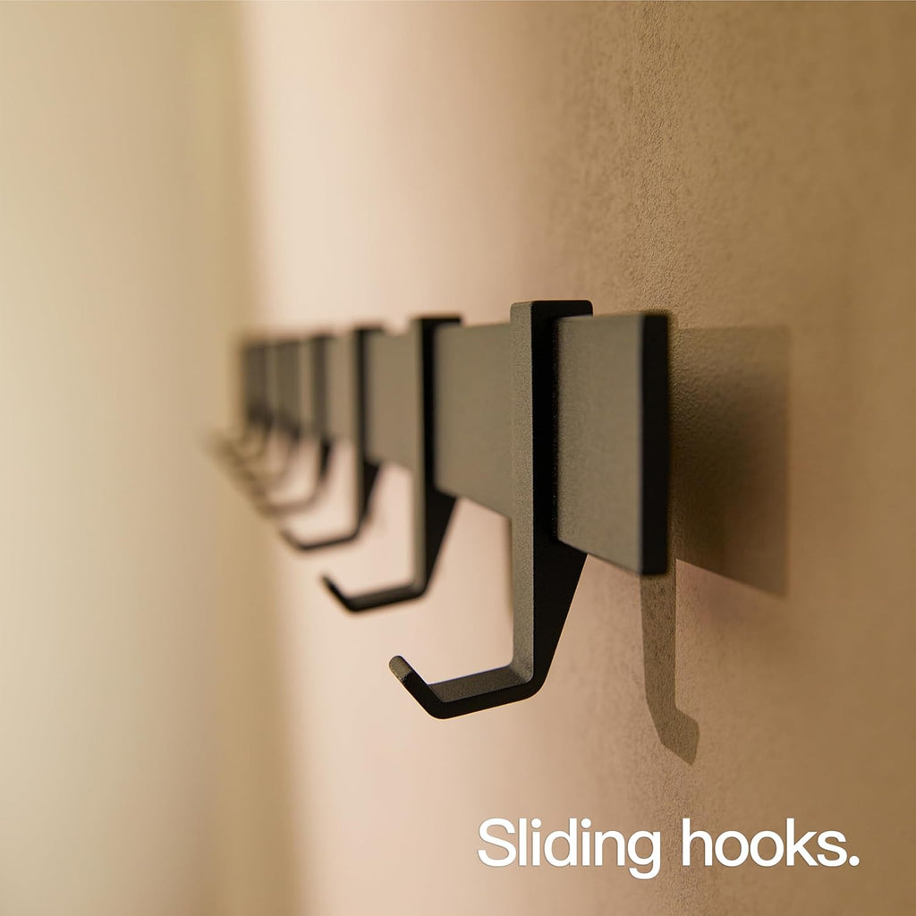 80cm Matt Black Wall Coat Rack, Metal Rail with Slidable Hooks