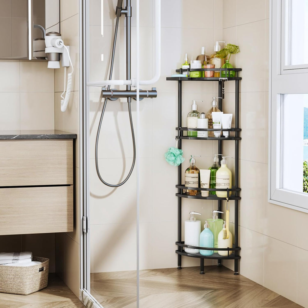 HapiRm Freestanding Shower Caddy Corner- 4-Tier Rustproof Shower Corner Shelves with Soap Tray and 4 Hooks, Space-Saving Bathroom Caddy for Bathroom Organiser with 4 Adjustable Feet and Hook