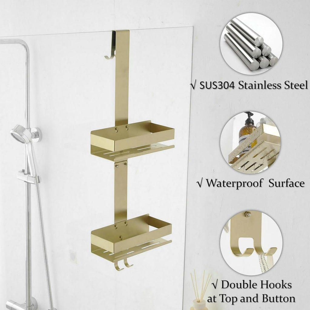 Hanging Over Door Shower Caddy - No Drilling Organiser Stainless Steel Shelves With Hooks - Gold Bathroom Rack Basket Tidy Storage