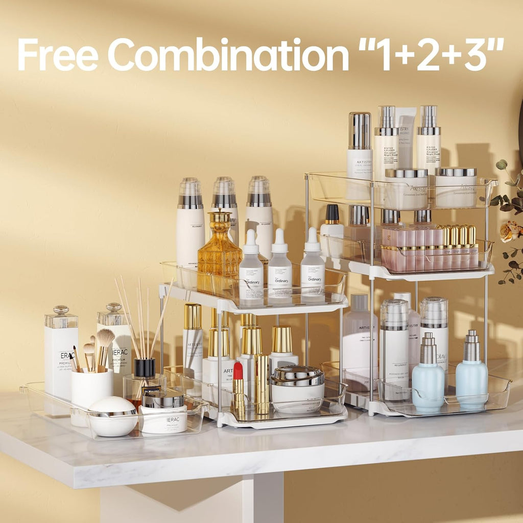 2 Pack 3-Tier Under Sink Organizer, Clear Pull Out Storage with Movable Dividers for Bathroom & Kitchen