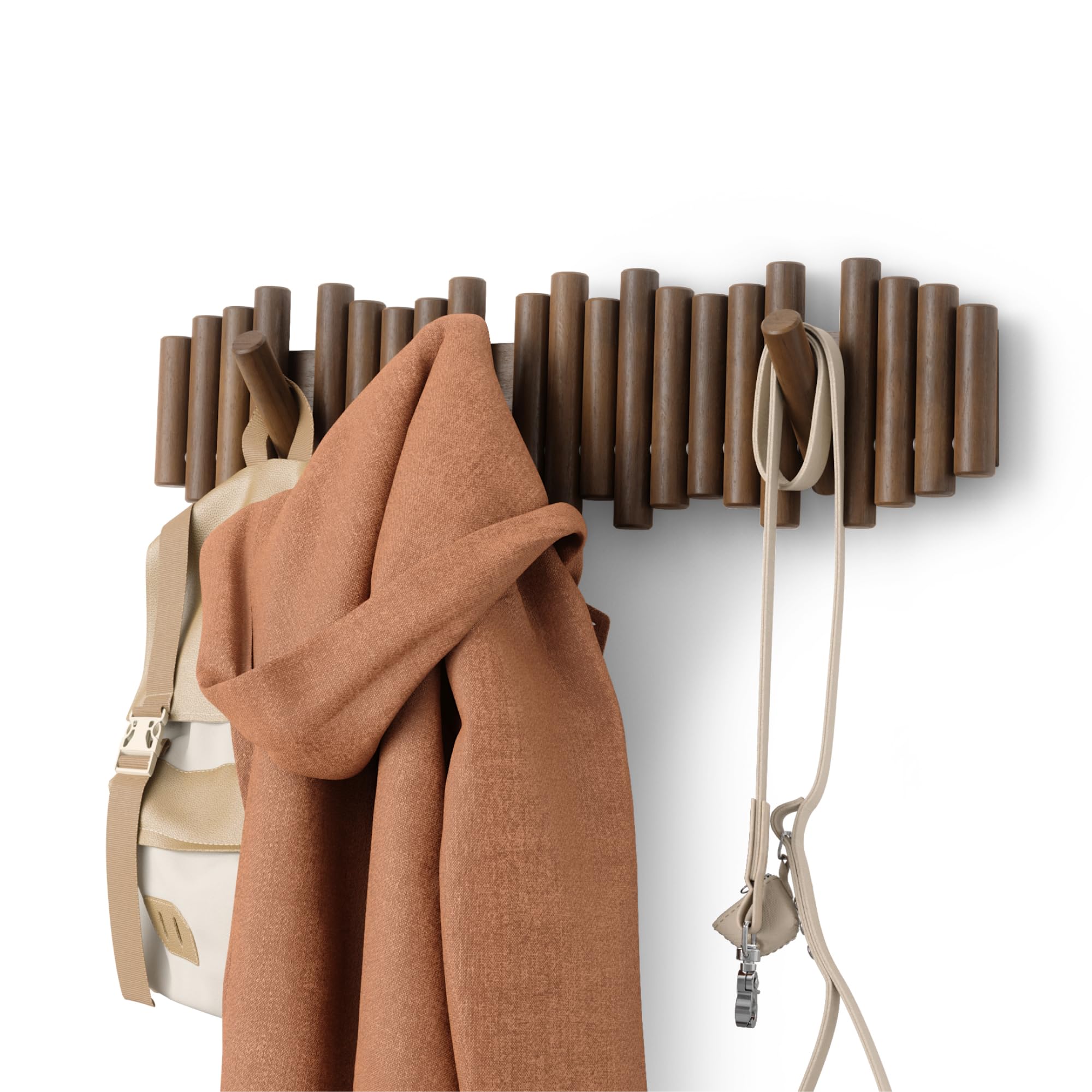 Umbra Picket Coat Rack Wall Mount – 5 Flip-Down Wood Coat Hooks, Modern & Functional Storage, Easy Install Wall Hooks, Natural