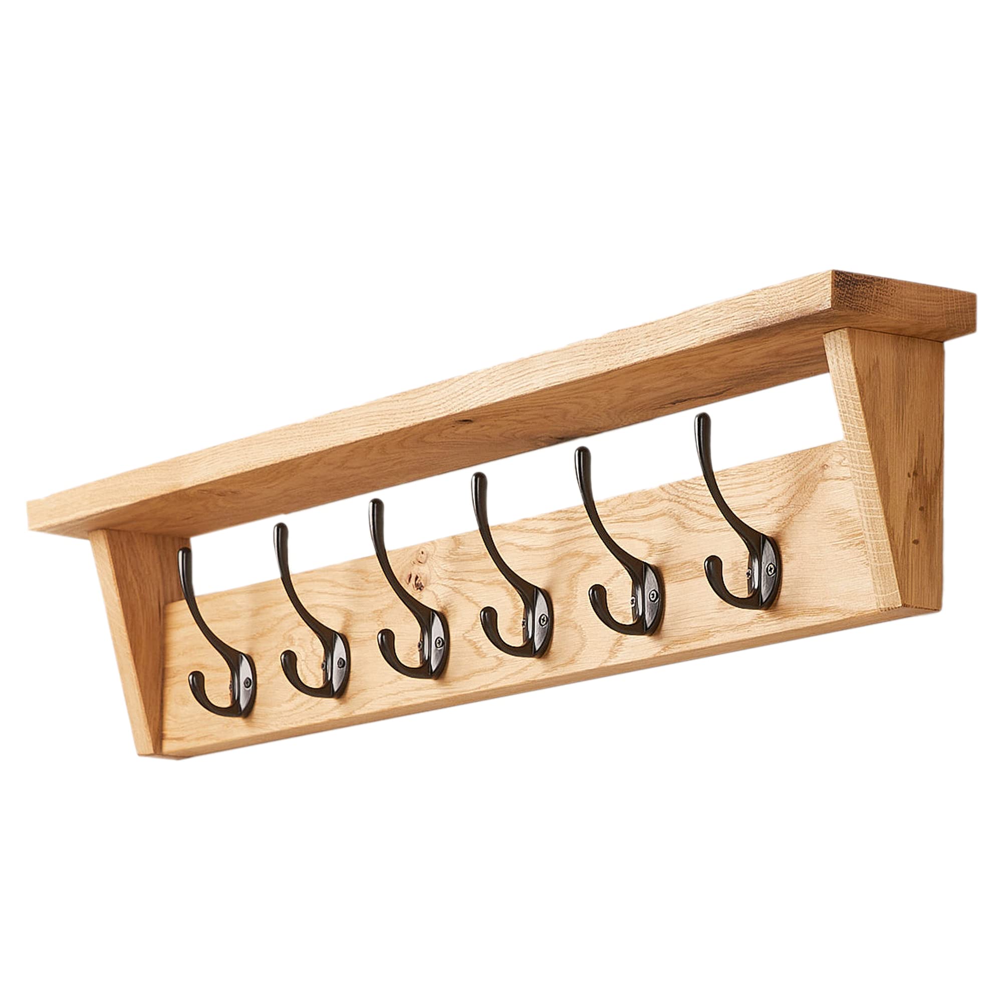 Solid Oak Coat Rack (7 Hooks) | Wall Mounted Coat Hooks with Shelf for Display/Storage | Wooden Stylish & Versatile Hallway Decor | Heavy Duty Double Hooks | Handcrafted in The UK