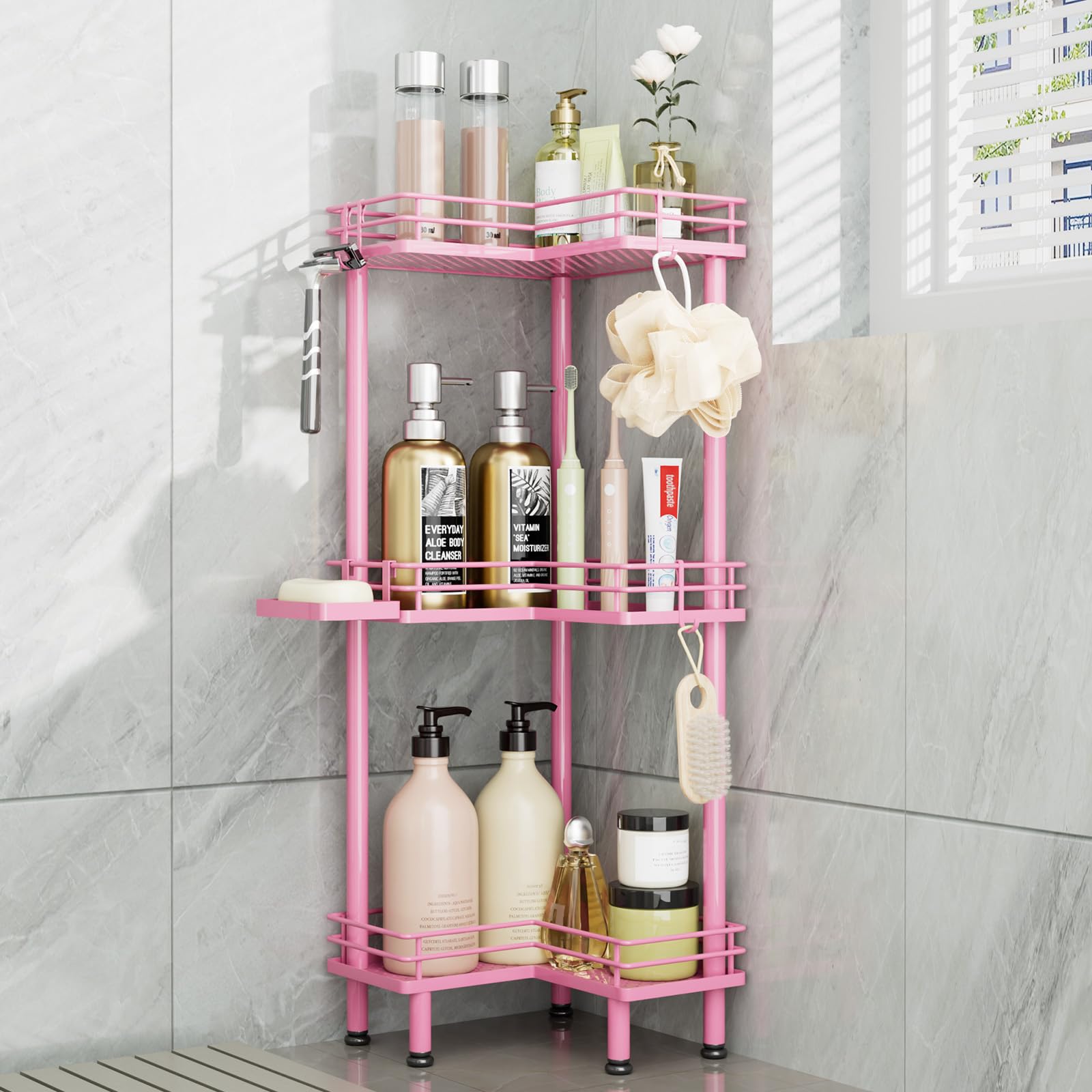 Consumest Corner Shower Caddy Standing - 3-Tier Stainless Steel Shower Organizer with Soap Holder and 4 Hooks, Large Capacity Corner Shelf Stand for Bathroom, Rest Room, Silver