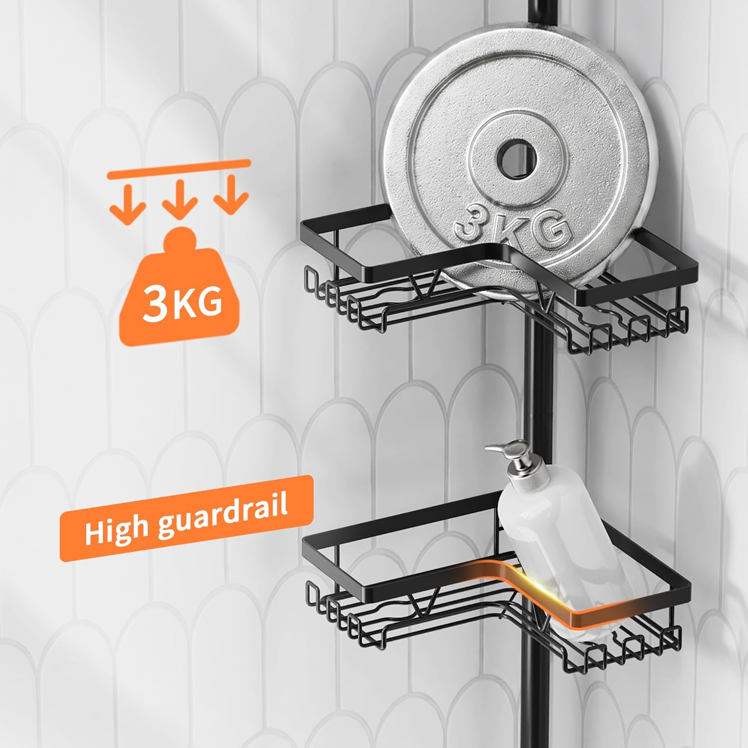 Kegii Telescopic Shower Caddy, 6 Tiers Corner Shower Shelf Adjustable Bathroom Storage Organiser Extendable Corner Bathroom Caddy, Black, No Drilling, Stainless Steel