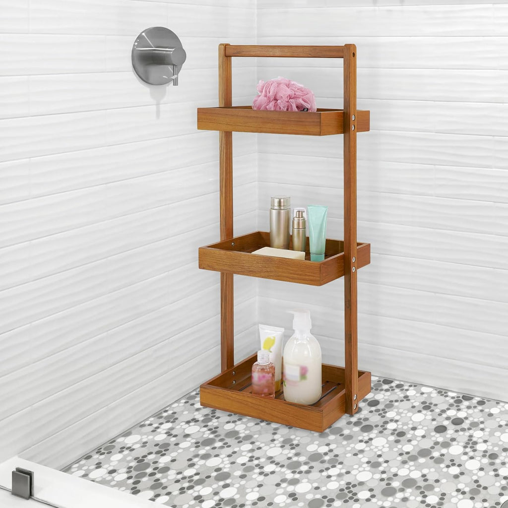 Utoplike Teak Shower Caddy Corner, 3 Tier Standing Organiser Shelf with Handle, Wooden Basket for Shampoo, towel in Bathroom, Livingroom, Office, Kitchen Desktop