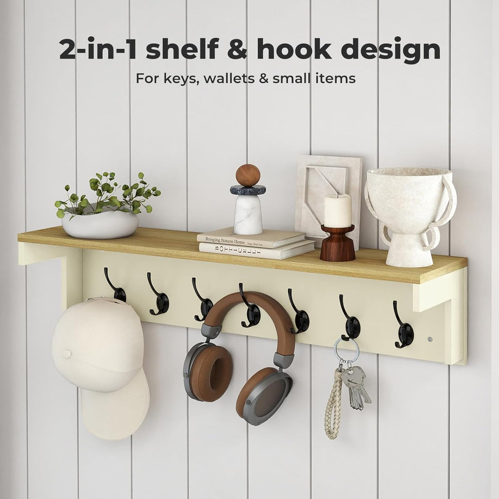 Levede Wall Mounted Coat Rack with Shelf, 7 Double Coat Hooks, 80cm Hallway Coat Hooks Wall Mounted, Coat Rack with Shelf for Entryway, Hallway, Bedroom, Cream Color & Oak