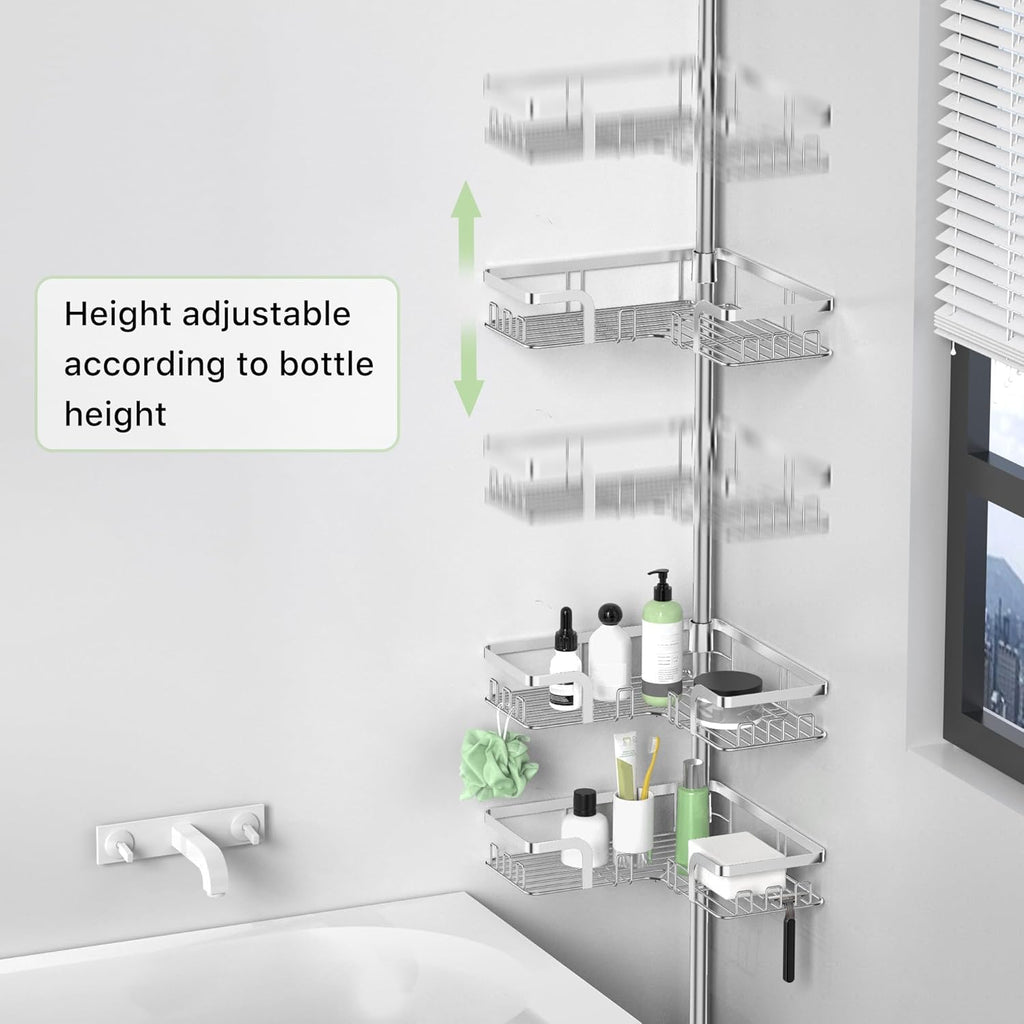 KEGII Telescopic Shower Caddy Corner - Silver Shower Shelf No Drilling Standing Bathroom Organiser Stainless Steel Bathroom Shelf with Hooks
