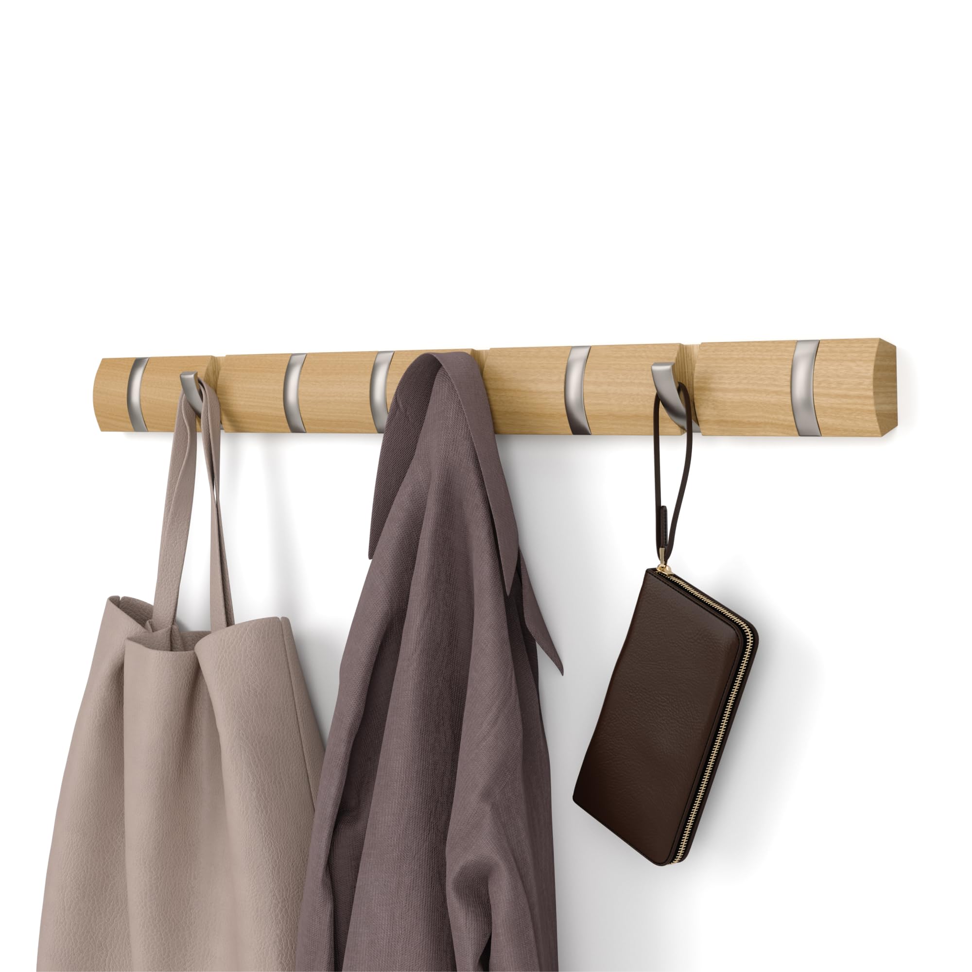 Umbra Flip Wall-Mounted Coat Rack with 5 Hooks – Modern, Space-Saving Storage for Hats, Jackets, Bags, Entryway, Mudroom, Closet, Bathroom, Bedroom – Light Walnut/Gold