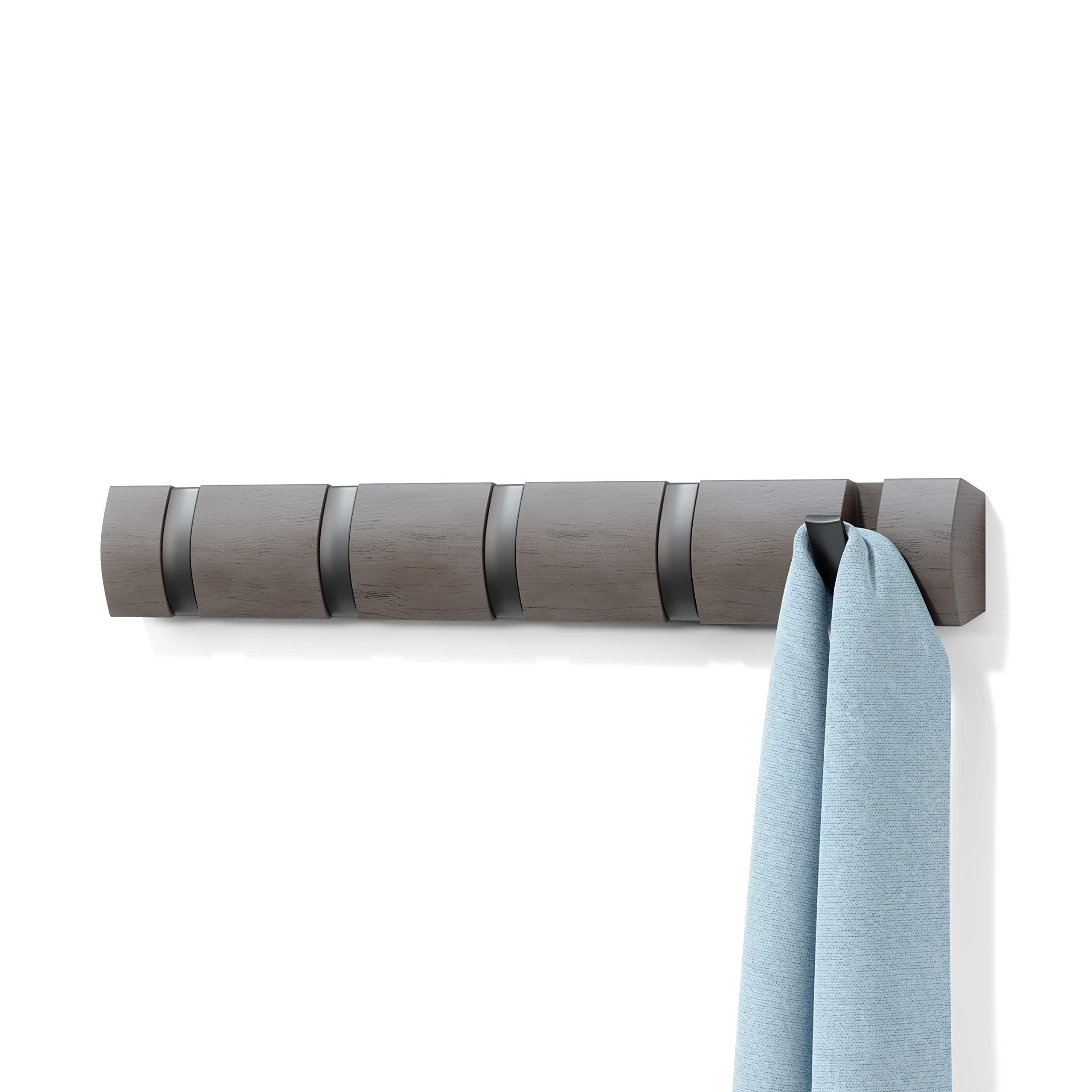 Umbra Flip Wall-Mounted Coat Rack with 5 Hooks – Modern, Space-Saving Storage for Hats, Jackets, Bags, Entryway, Mudroom, Closet, Bathroom, Bedroom – Light Walnut/Gold