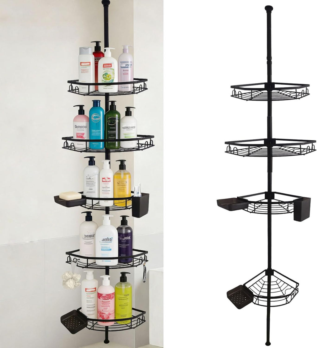 Corner Shower Caddy Tension Pole, Rustproof Bathroom Storage Organizer, 4 Large Shower Shelves and 3 Small Storage Baskets, Adjustable Height Telescoping Pole 43 to 121 Inch, Black