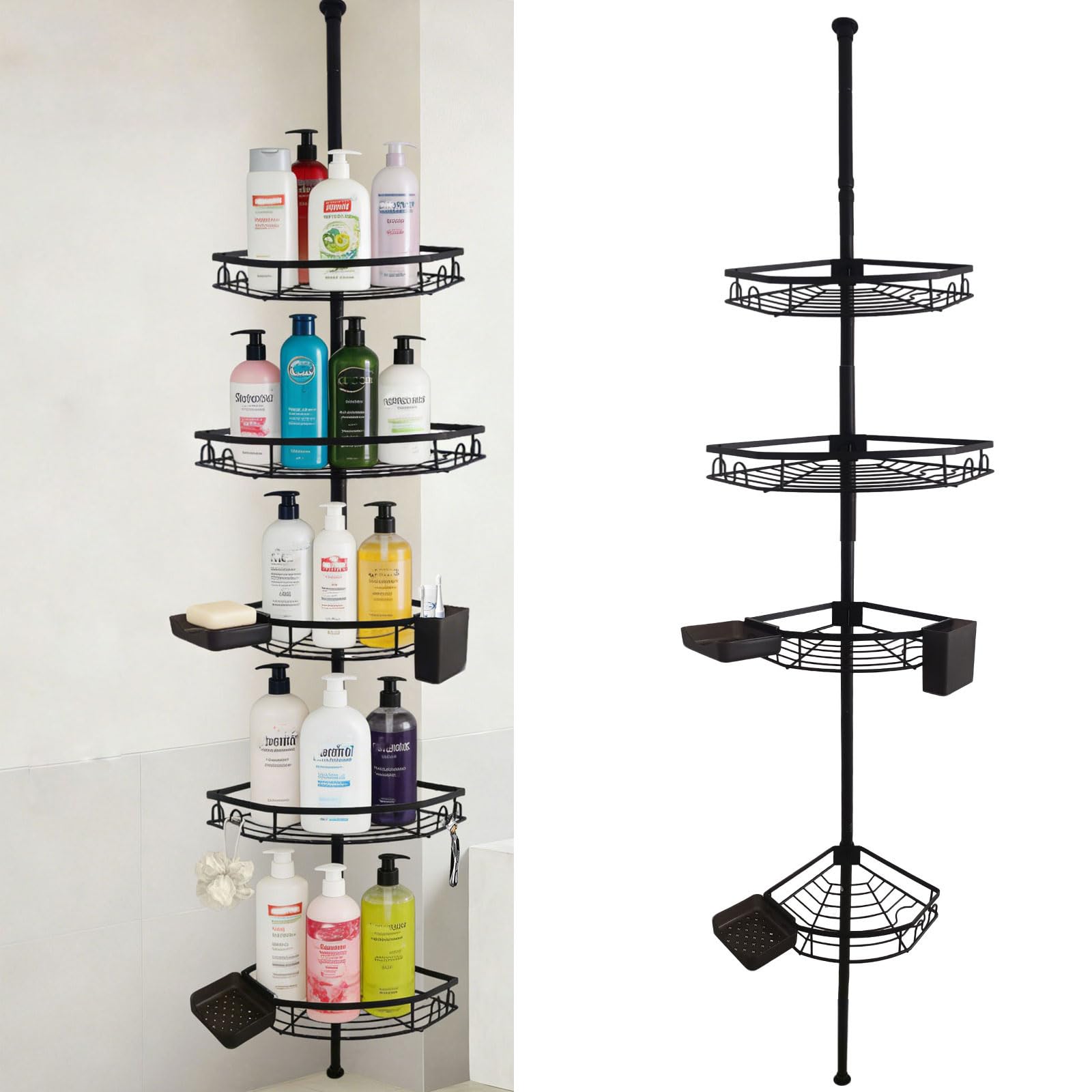 Corner Shower Caddy Tension Pole, Rustproof Bathroom Storage Organizer, 4 Large Shower Shelves and 3 Small Storage Baskets, Adjustable Height Telescoping Pole 43 to 121 Inch, Black