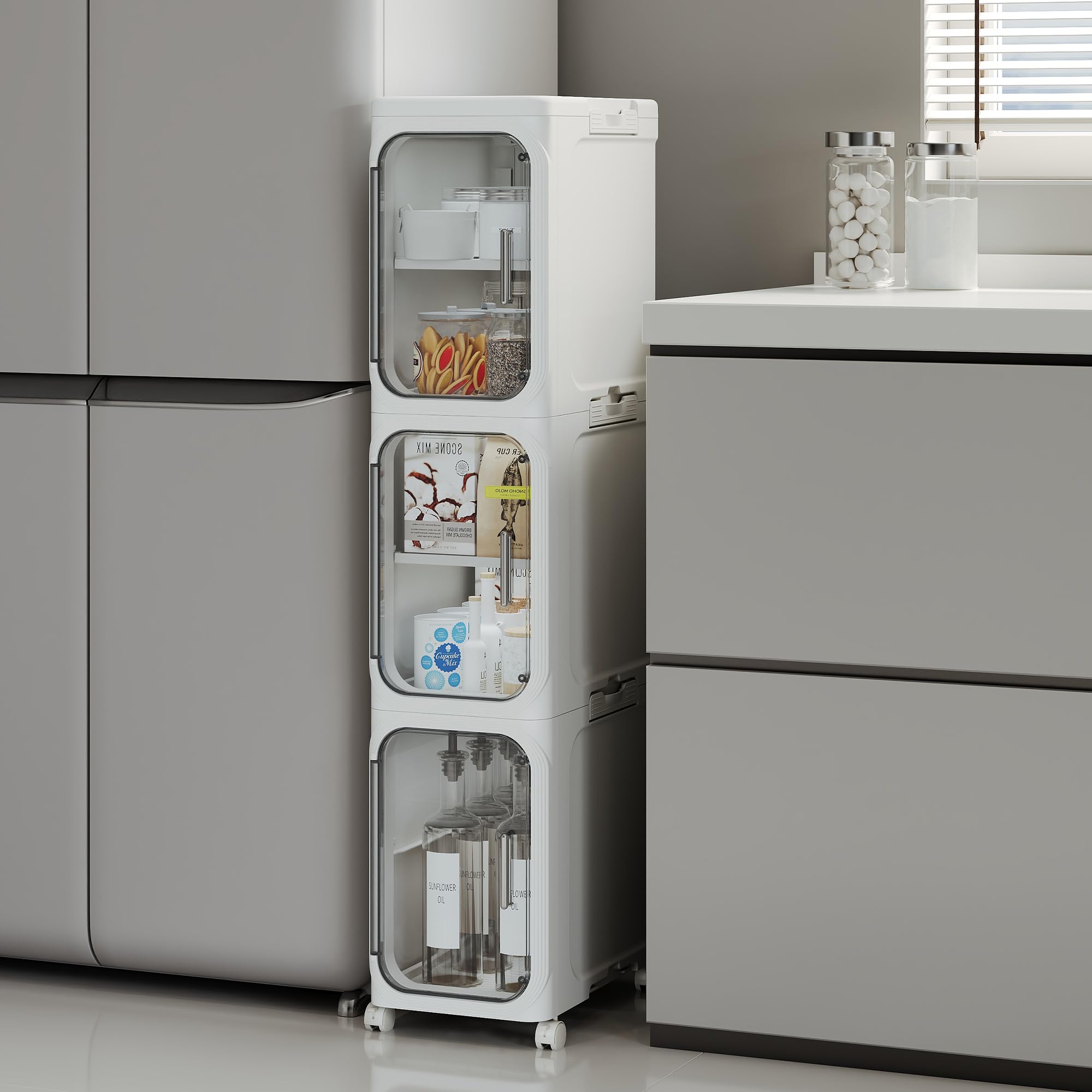 4-Tier Slim Rolling Storage Cabinet, Black Tall Narrow Organizer with Adjustable Shelves for Bathroom Kitchen Laundry
