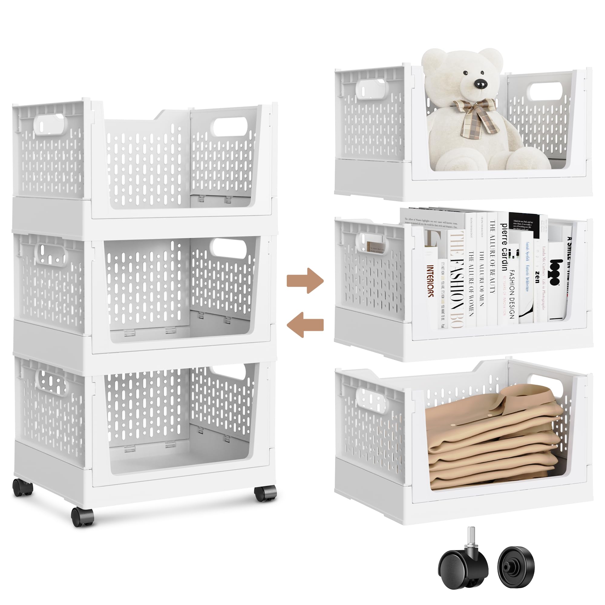 Stackable Storage Bins, Foldable Closet Organizers and Storage Bins Box, Plastic Shelves Drawer Organizer Container for Closet Office Bedroom Kitchen Bathroom with Wheels, Grey, 3 Pack