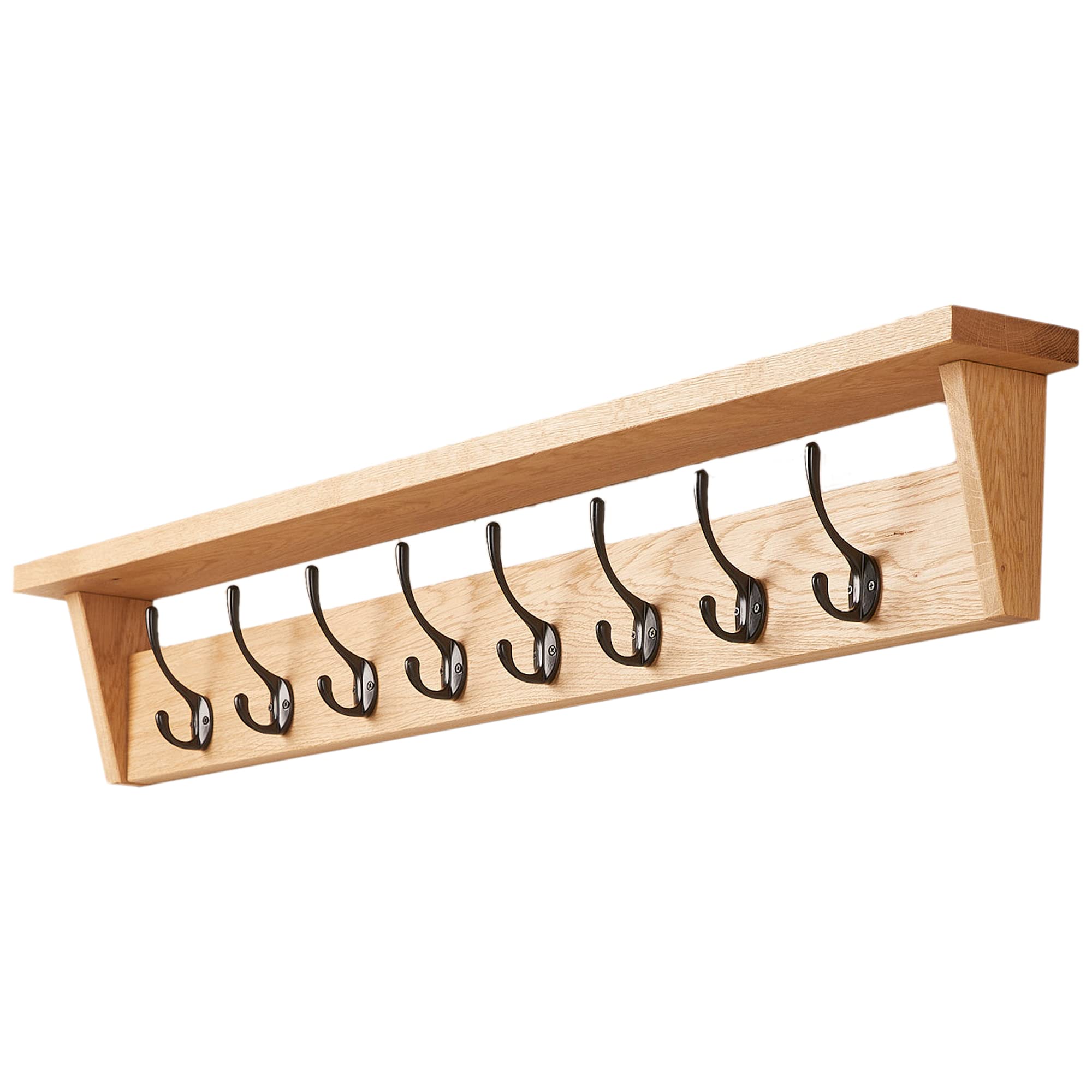 Solid Oak Coat Rack (7 Hooks) | Wall Mounted Coat Hooks with Shelf for Display/Storage | Wooden Stylish & Versatile Hallway Decor | Heavy Duty Double Hooks | Handcrafted in The UK