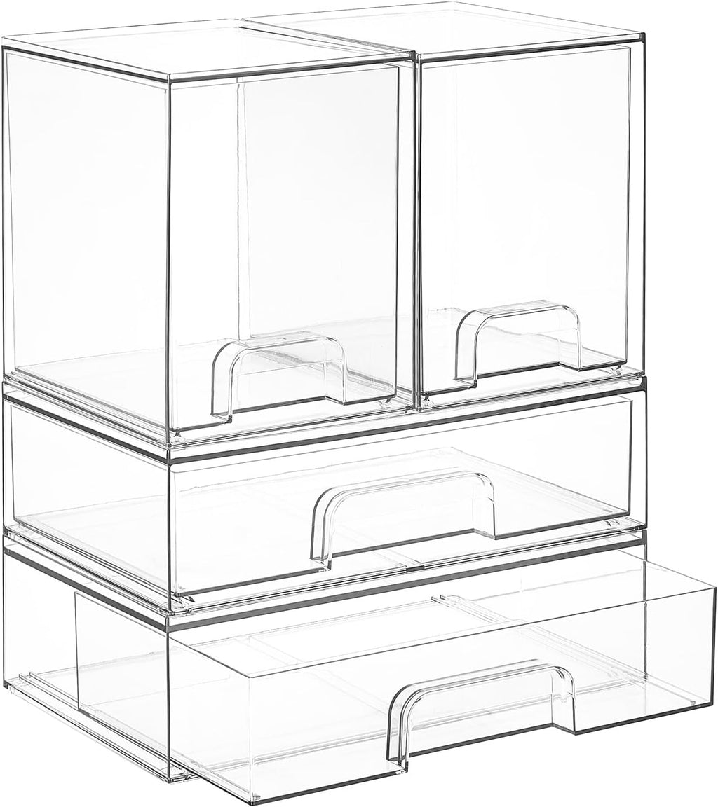 Vtopmart Clear Stackable Storage Drawers Set of 4, Plastic Organizer Bins for Makeup, Cosmetics, Beauty Supplies,Ideal for Vanity, Bathroom,Cabinet,Pantry Organization