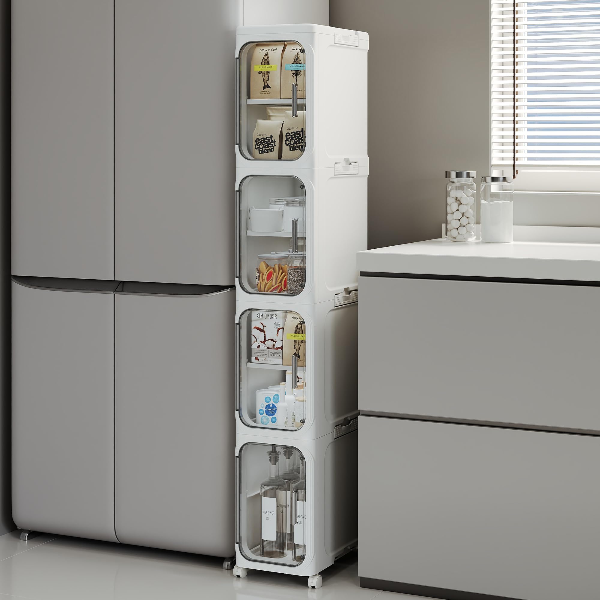 4-Tier Slim Rolling Storage Cabinet, Black Tall Narrow Organizer with Adjustable Shelves for Bathroom Kitchen Laundry