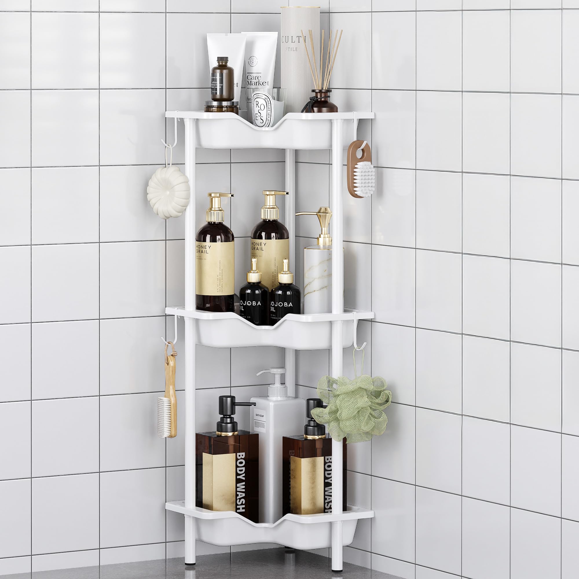 Rustproof Floor Standing Corner Shower Caddy Organizer, Plastic Metal Splicing Floor Corner Shelf Rack Stands for Bathroom (White, 5 Tier)