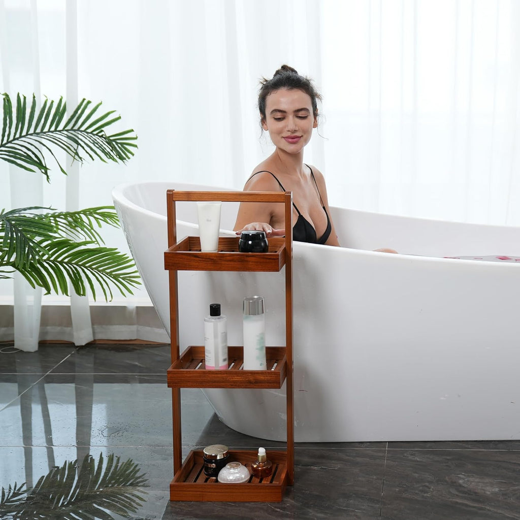 Utoplike Teak Shower Caddy Corner, 3 Tier Standing Organiser Shelf with Handle, Wooden Basket for Shampoo, towel in Bathroom, Livingroom, Office, Kitchen Desktop
