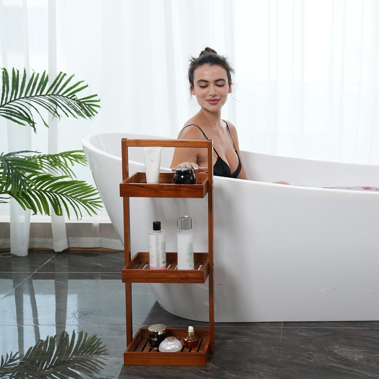 Utoplike Teak Shower Caddy Corner, 3 Tier Standing Organiser Shelf with Handle, Wooden Basket for Shampoo, towel in Bathroom, Livingroom, Office, Kitchen Desktop