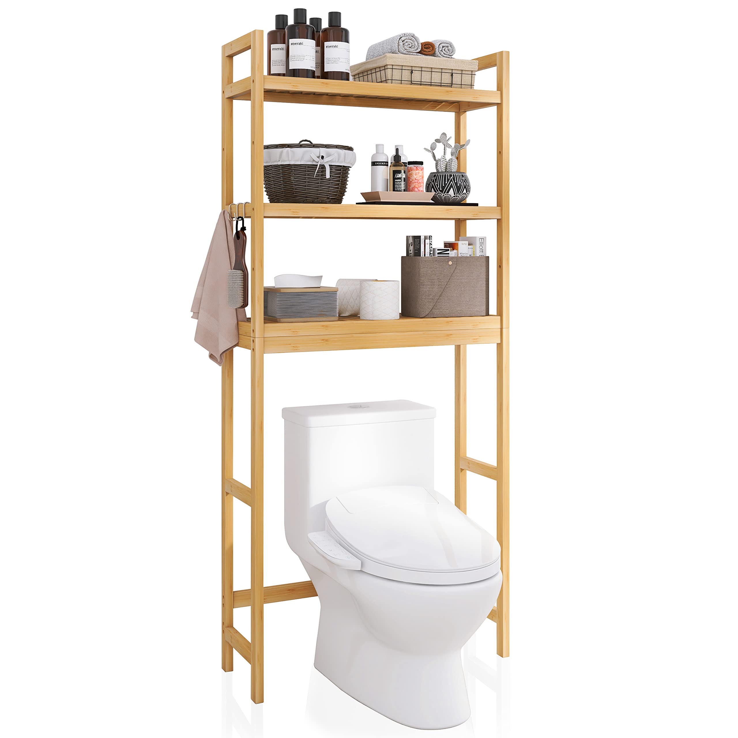 SMIBUY Bathroom Storage Shelf, Bamboo Over-The-Toilet Organizer Rack, Freestanding Toilet Space Saver with 3-Tier Adjustable Shelves (Pink)