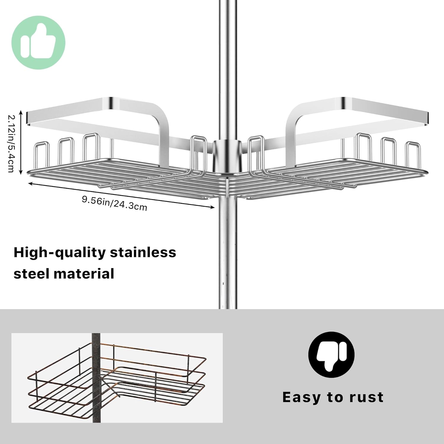 KEGII Telescopic Shower Caddy Corner - Silver Shower Shelf No Drilling Standing Bathroom Organiser Stainless Steel Bathroom Shelf with Hooks
