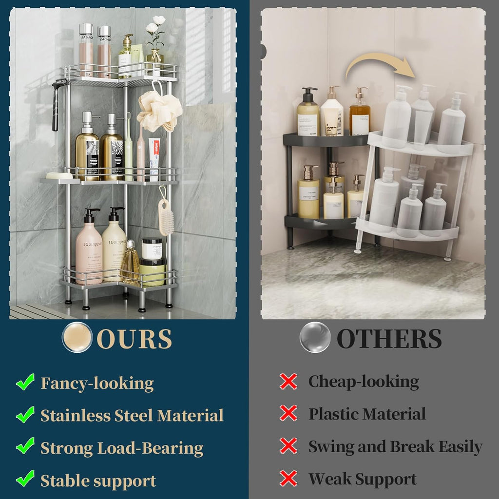 Consumest Corner Shower Caddy Standing - 3-Tier Stainless Steel Shower Organizer with Soap Holder and 4 Hooks, Large Capacity Corner Shelf Stand for Bathroom, Rest Room, Silver