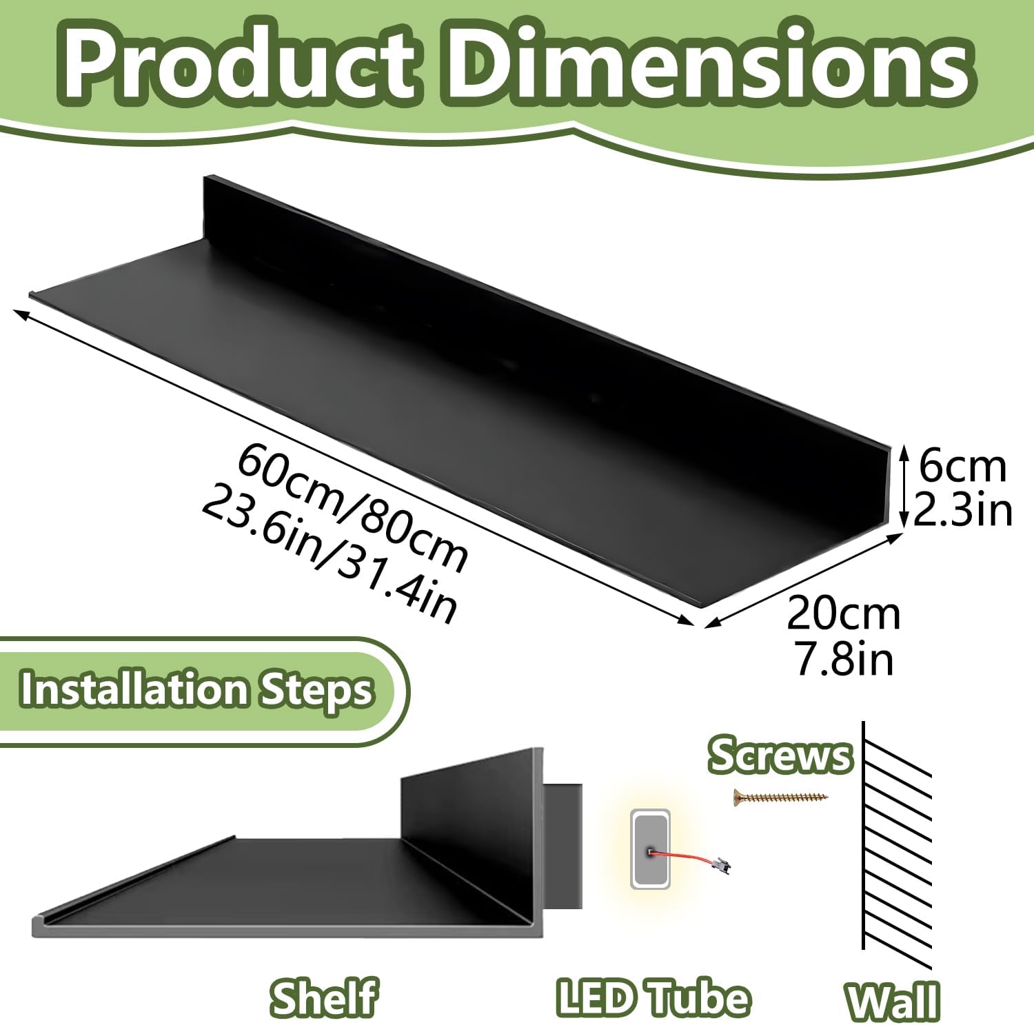 Metal Wall Mounted Floating Shelves with Led Lights, Hanging Display Rack for Livingroom Kitchen Bathroom, Built-in Illuminated Led Light Display Shelf,Black,80CM