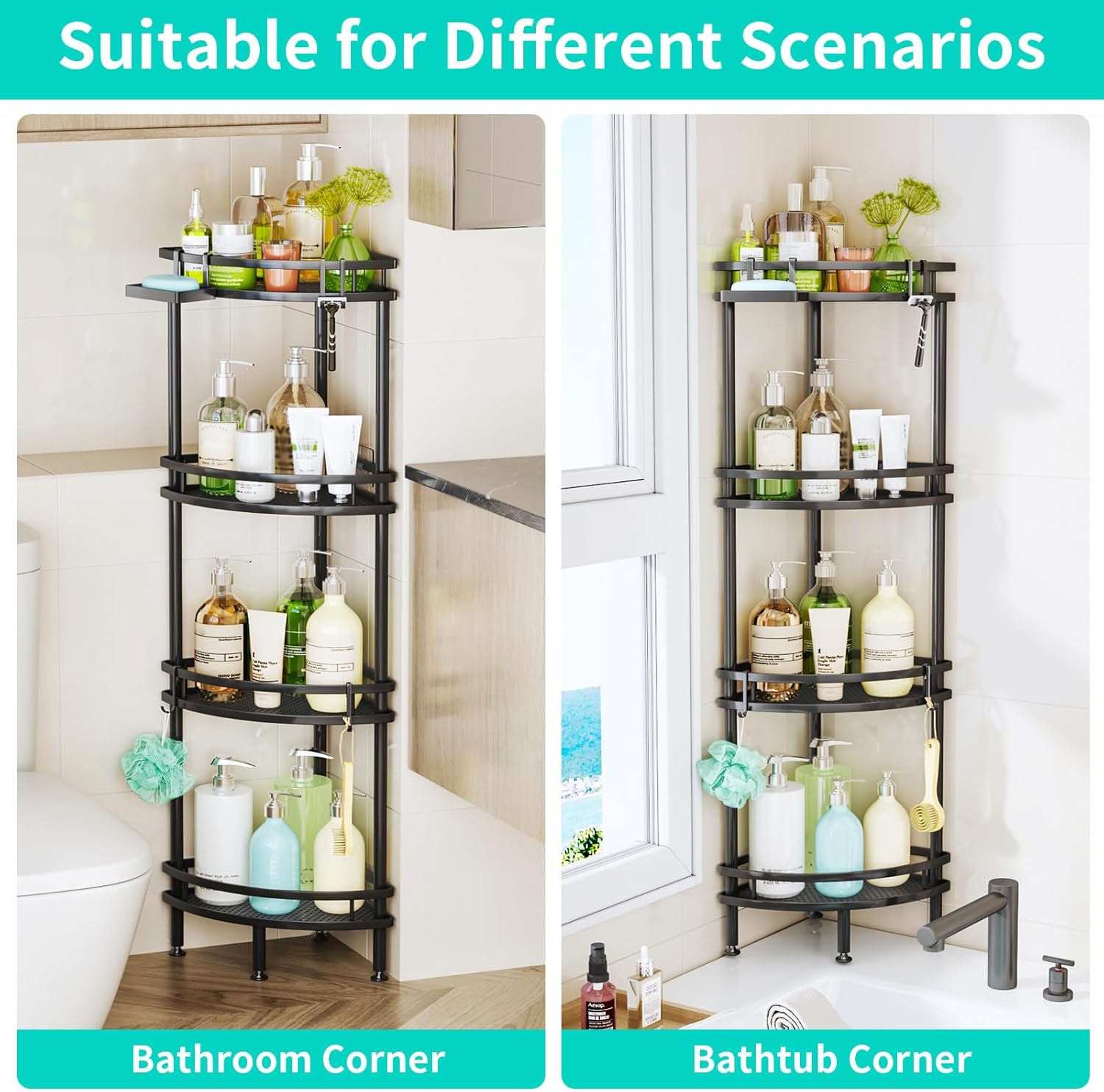 HapiRm Freestanding Shower Caddy Corner- 4-Tier Rustproof Shower Corner Shelves with Soap Tray and 4 Hooks, Space-Saving Bathroom Caddy for Bathroom Organiser with 4 Adjustable Feet and Hook