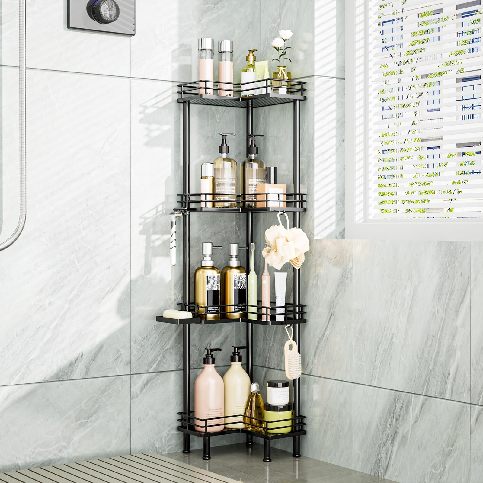 Consumest Corner Shower Caddy Standing - 3-Tier Stainless Steel Shower Organizer with Soap Holder and 4 Hooks, Large Capacity Corner Shelf Stand for Bathroom, Rest Room, Silver