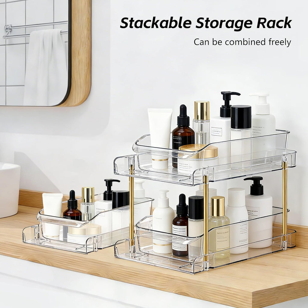 LAREKUN4pack 2-Tier Organizer & Storage Unit Stackable Bathroom Cabinet Organizer Pull-Out Kitchen Pantry Organizer & Storage System Suitable for Countertops, Pantries, Kitchens, Bathrooms