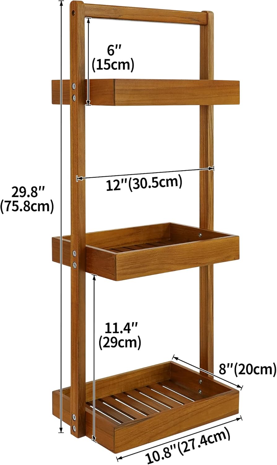 Utoplike Teak Shower Caddy Corner, 3 Tier Standing Organiser Shelf with Handle, Wooden Basket for Shampoo, towel in Bathroom, Livingroom, Office, Kitchen Desktop