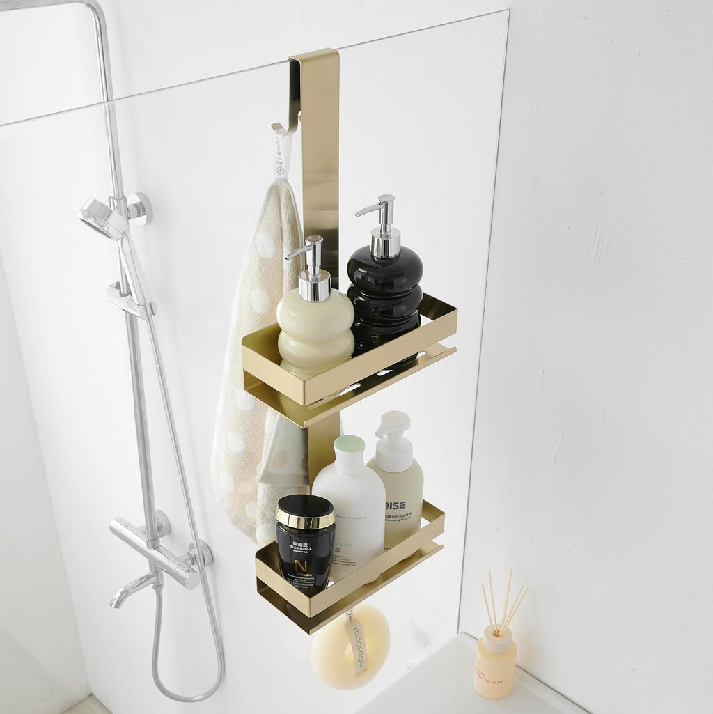 Gold Over Door Shower Caddy, 2-Tier Hanging Organizer with Hooks for Bathroom