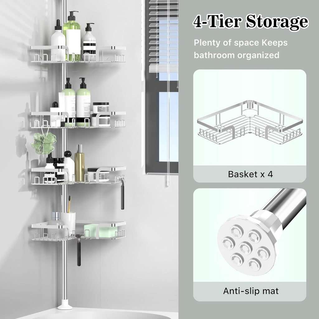 KEGII Telescopic Shower Caddy Corner - Silver Shower Shelf No Drilling Standing Bathroom Organiser Stainless Steel Bathroom Shelf with Hooks