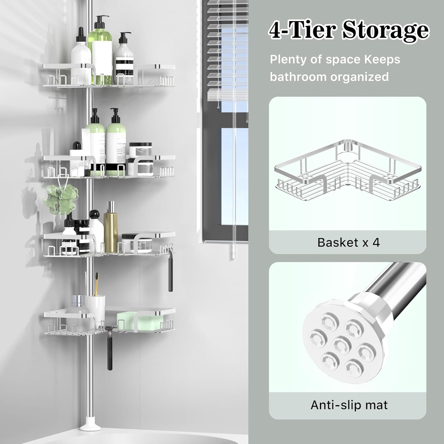 KEGII Telescopic Shower Caddy Corner - Silver Shower Shelf No Drilling Standing Bathroom Organiser Stainless Steel Bathroom Shelf with Hooks