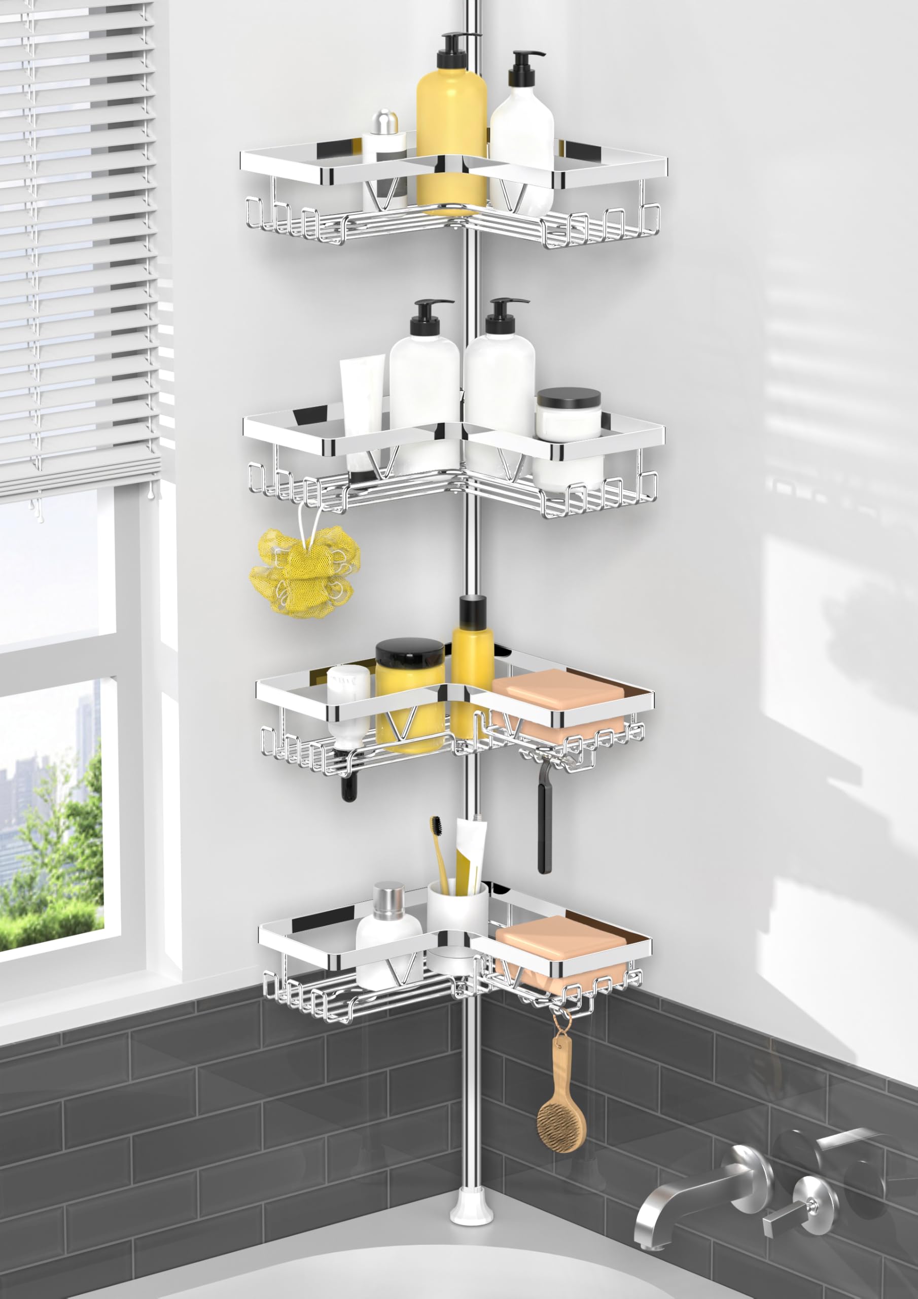 Kegii Telescopic Shower Caddy, 6 Tiers Corner Shower Shelf Adjustable Bathroom Storage Organiser Extendable Corner Bathroom Caddy, Black, No Drilling, Stainless Steel