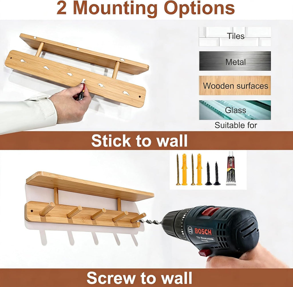 LEMIKKLE Wooden Coat Hooks Wall Mounted, Can be Installed Without Drilling or with Drilling, 5 Wooden Hooks Storage Rack Holds Clothes, Hats, Keys Towels, Bags, for Entryway, Bedroom, Living Room