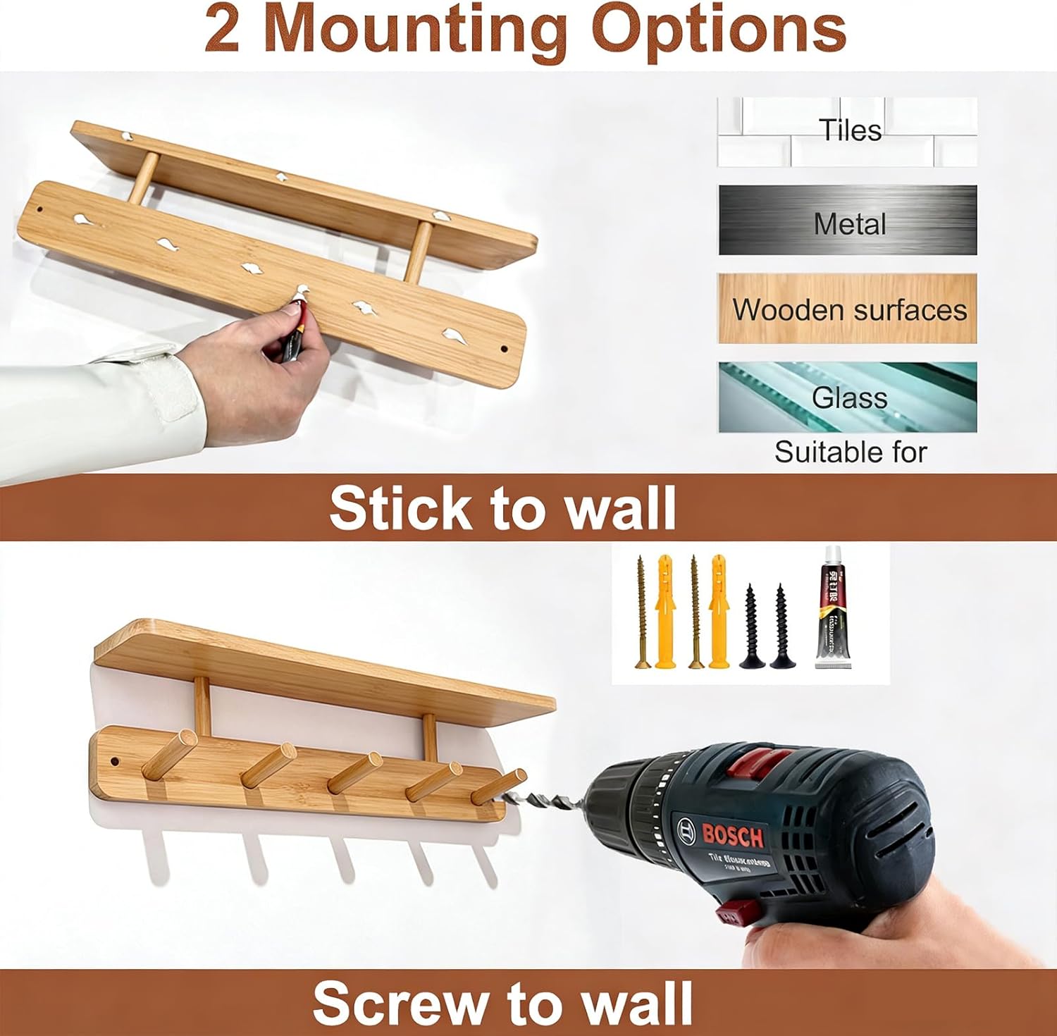LEMIKKLE Wooden Coat Hooks Wall Mounted, Can be Installed Without Drilling or with Drilling, 5 Wooden Hooks Storage Rack Holds Clothes, Hats, Keys Towels, Bags, for Entryway, Bedroom, Living Room