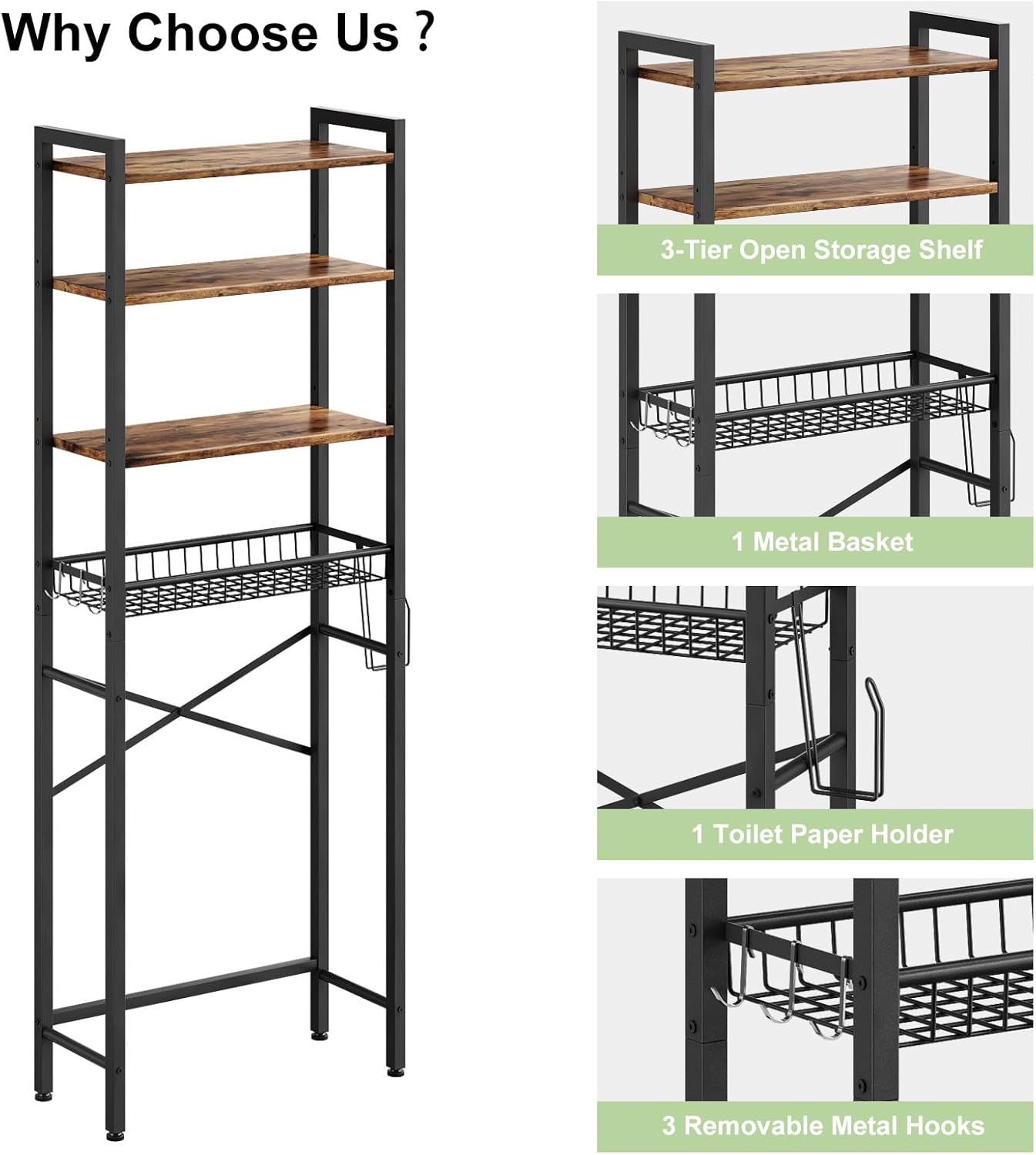 Vintage Brown 4-Tier Over Toilet Storage Rack with Adjustable Shelf & Basket