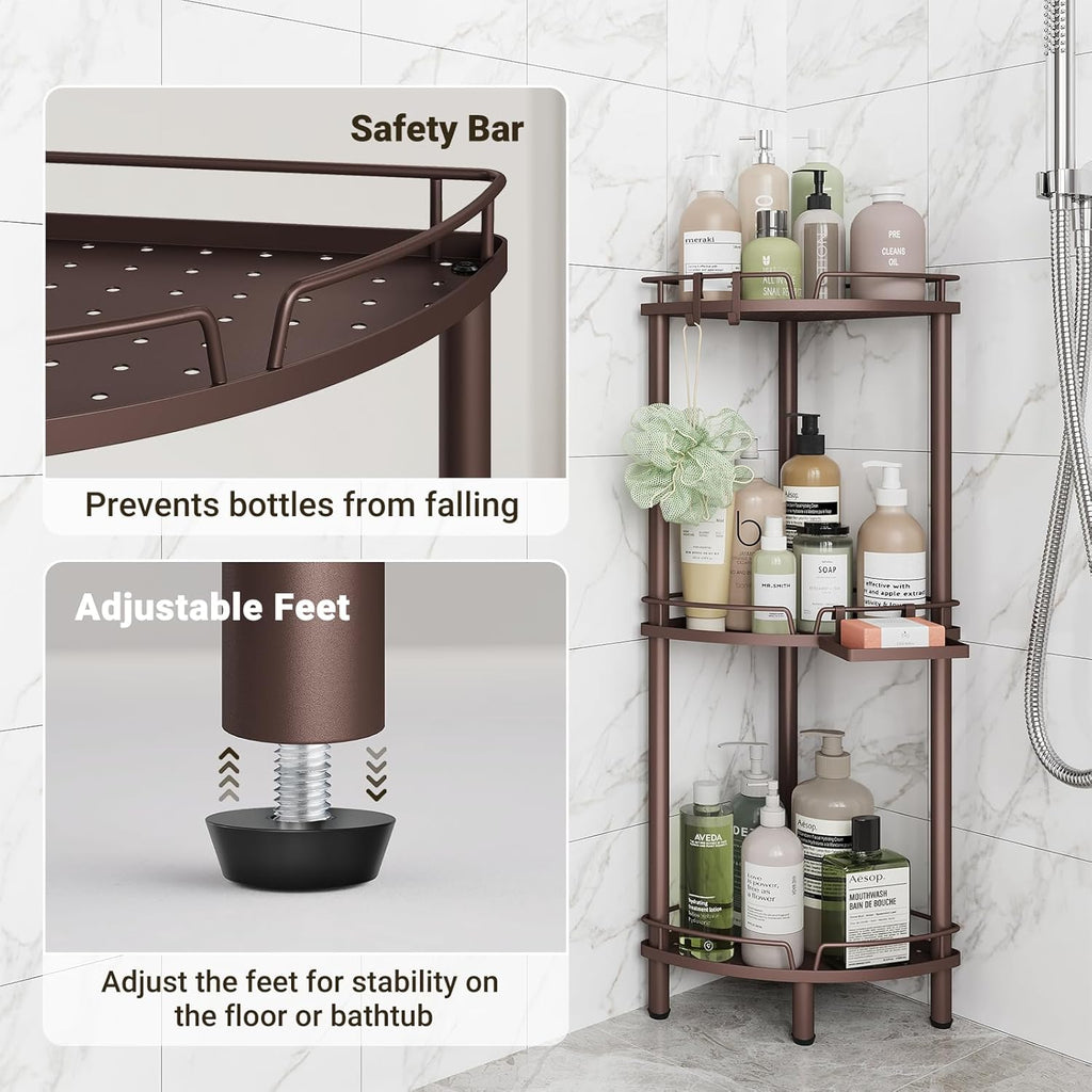 ELYKEN Corner Shower Caddy Standing, 3 Tier Rustproof Metal Shower Organizer with Soap Holder, Floor Shower Corner Shelf Rack Storage Stands with Adjustable Feet & 2 Hooks for Bathroom, Bronze