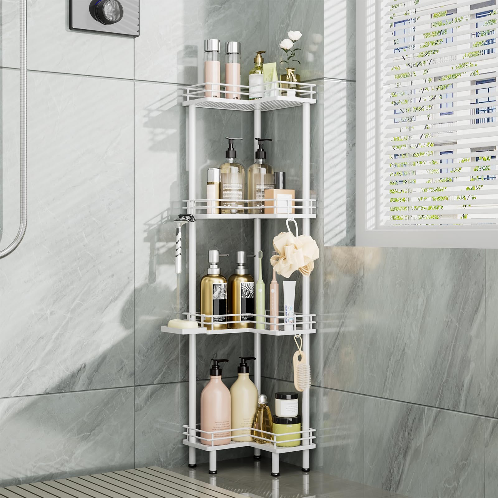 Consumest Corner Shower Caddy Standing - 3-Tier Stainless Steel Shower Organizer with Soap Holder and 4 Hooks, Large Capacity Corner Shelf Stand for Bathroom, Rest Room, Silver