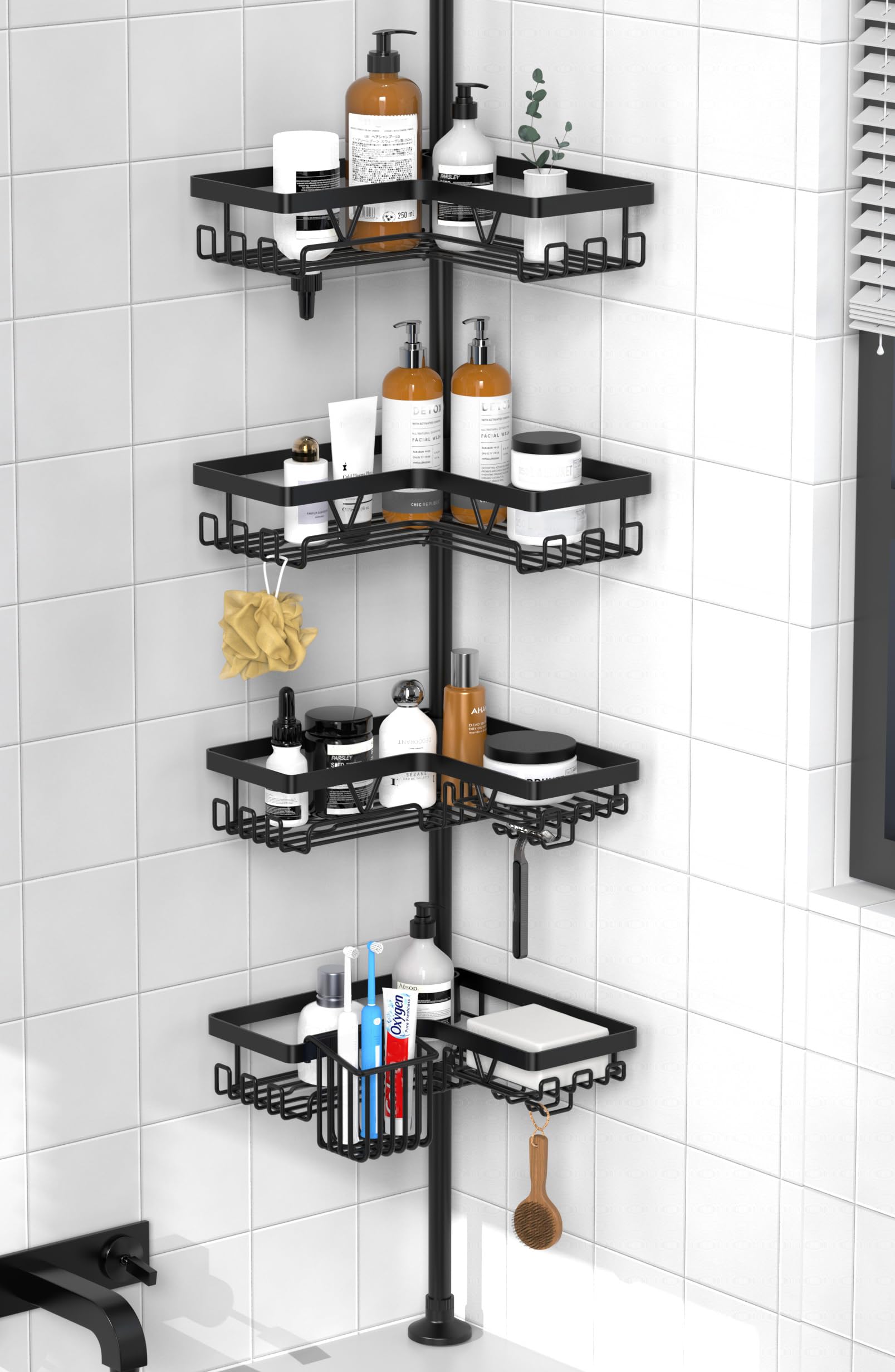 Kegii Telescopic Shower Caddy, 6 Tiers Corner Shower Shelf Adjustable Bathroom Storage Organiser Extendable Corner Bathroom Caddy, Black, No Drilling, Stainless Steel