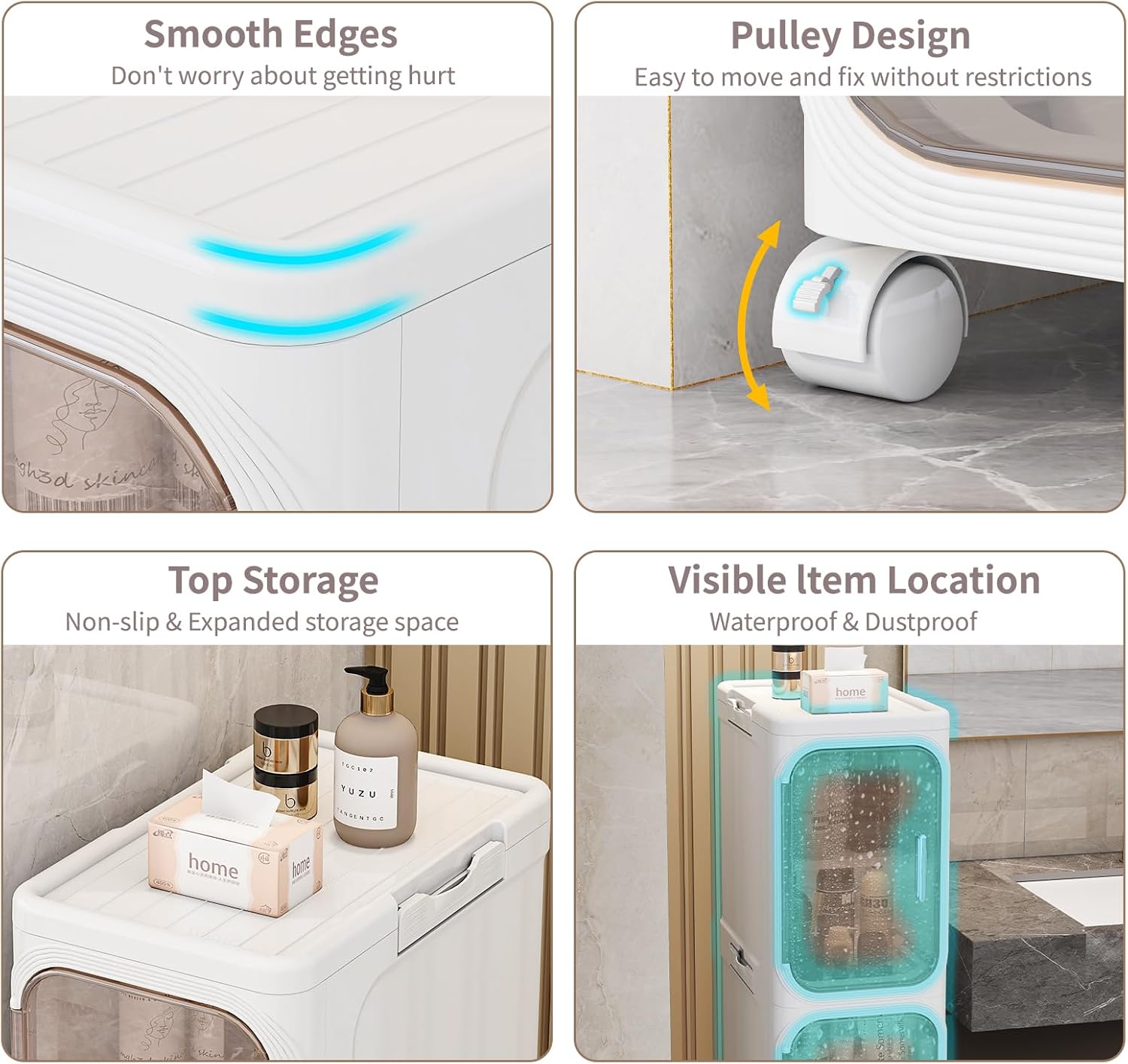 4-Tiers Slim Bathroom Storage Cabinet, Foldable Storage Cabinets,Narrow Bathroom Storage,Movable Bathroom Storage Organizer for Small Spaces,Bathroom,Kitchen,Laundry,White