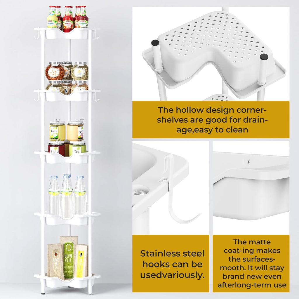Rustproof Floor Standing Corner Shower Caddy Organizer, Plastic Metal Splicing Floor Corner Shelf Rack Stands for Bathroom (White, 5 Tier)