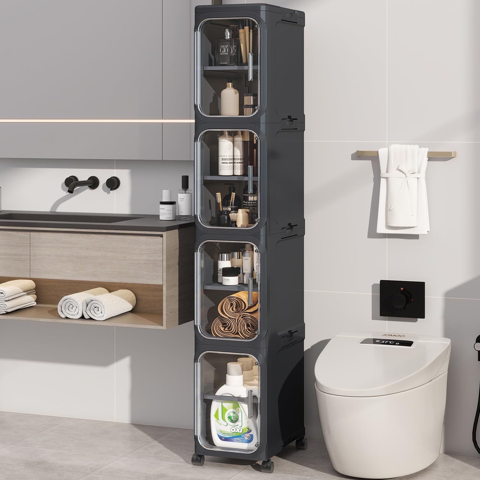 4-Tiers Slim Bathroom Storage Cabinet, Foldable Storage Cabinets,Narrow Bathroom Storage,Movable Bathroom Storage Organizer for Small Spaces,Bathroom,Kitchen,Laundry,White